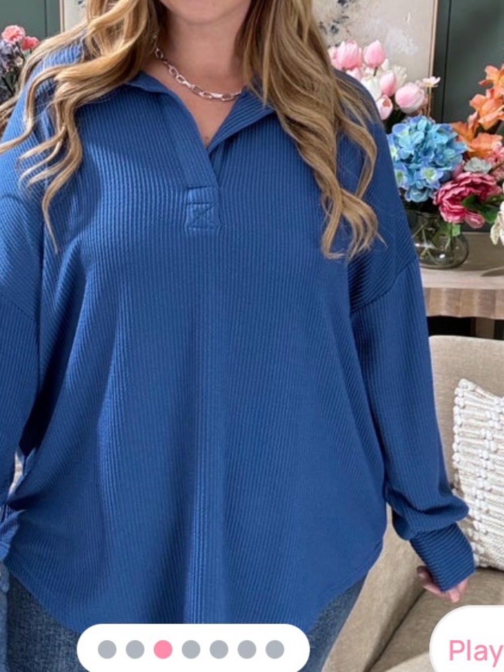 Relaxed Raised Rib V Neck Long Sleeve Polo Top in Blue. Small. DD Designs.